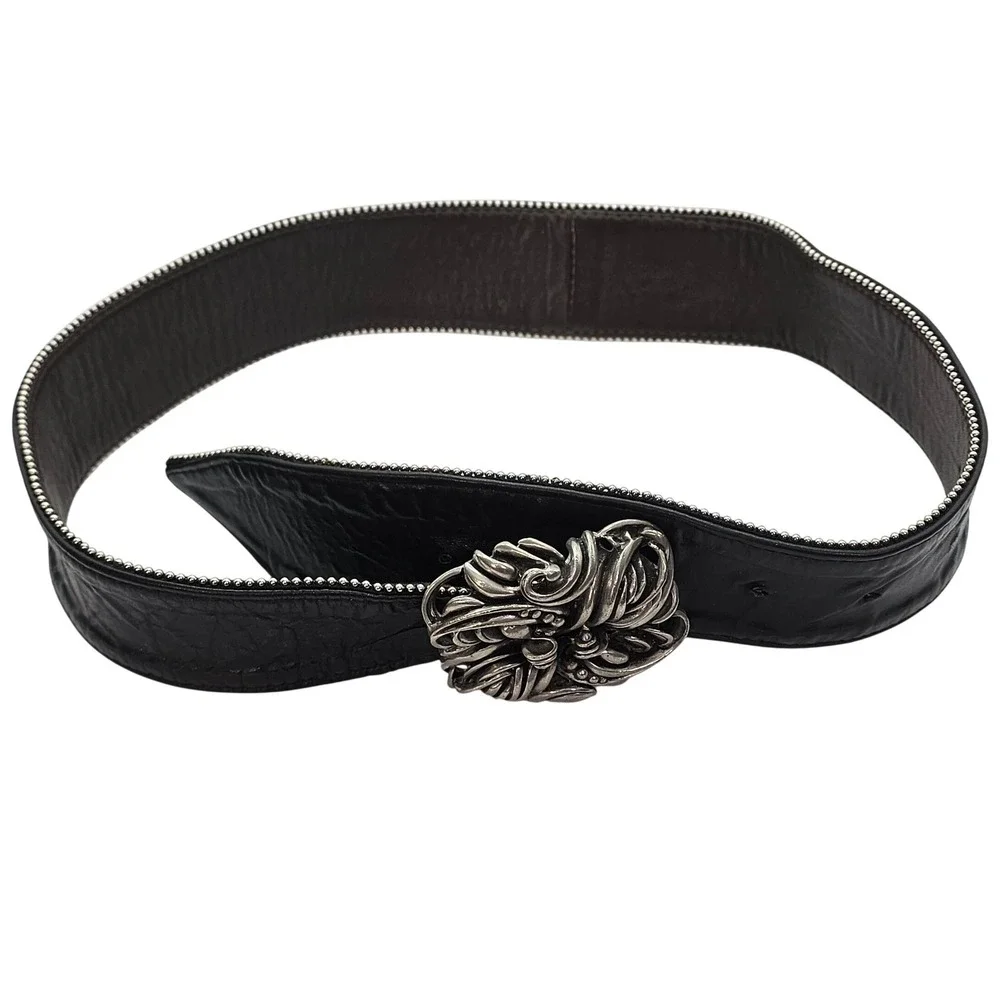 Vintage Fahrenheit‎ NY Wide Black Leather Belt Pewter Buckle 80s Wearable Art